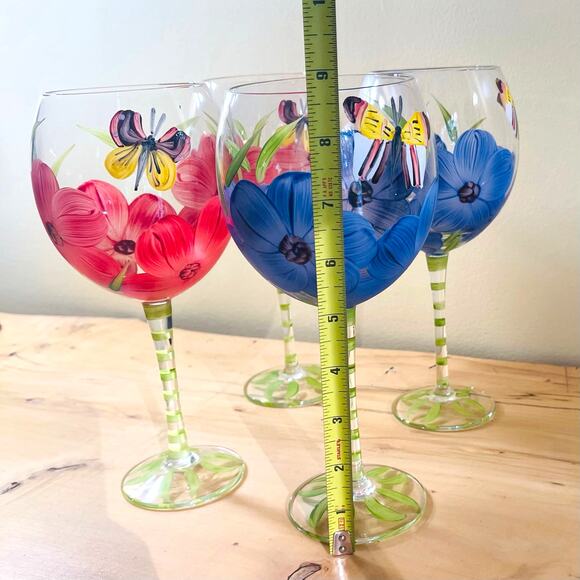 4 Vtg Hand-Painted Flower Butterfly Wine Glasses Goblets Floral Set Glass Water - Picture 10 of 11